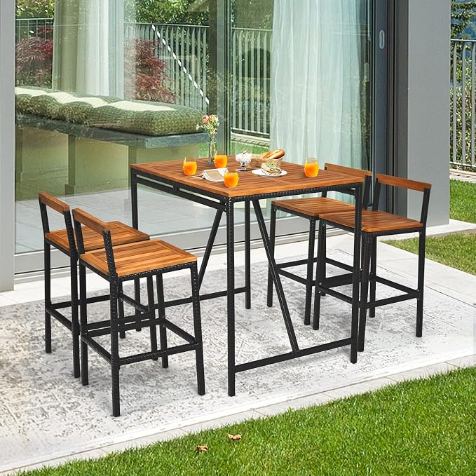 Tangkula 5-Piece Outdoor Acacia Wood Bar Table Set, Bar Height Outdoor and - Image 3