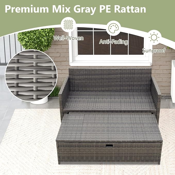Tangkula Outdoor Rattan Daybed, Wicker Loveseat & 31 Gallon Storage Ottoman - Image 5