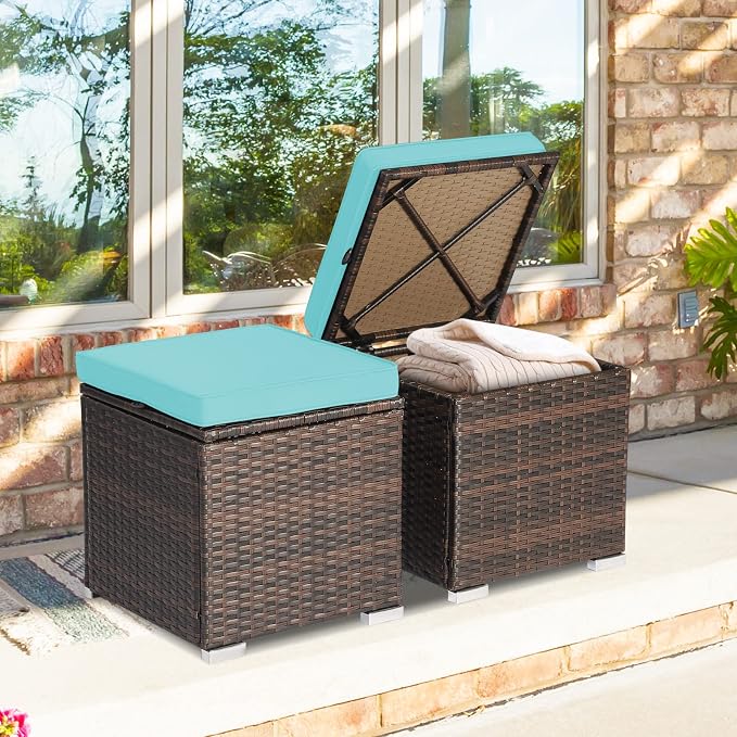 Tangkula 2 Pieces Patio Ottomans, Patiojoy Hand-Woven PE Rattan Side Table - Image 4