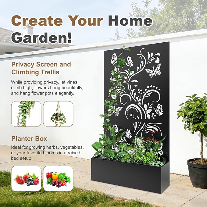Metal Raised Garden Bed with Trellis & Privacy Screen, Modern Planter with - Image 3