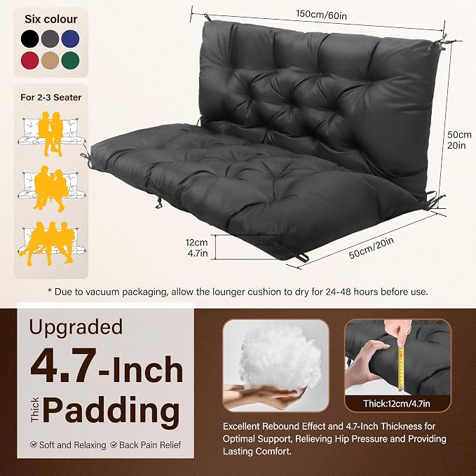 Waterproof Porch Swing Cushions 60 Inch, 2 3-Seater Replacement - Image 5
