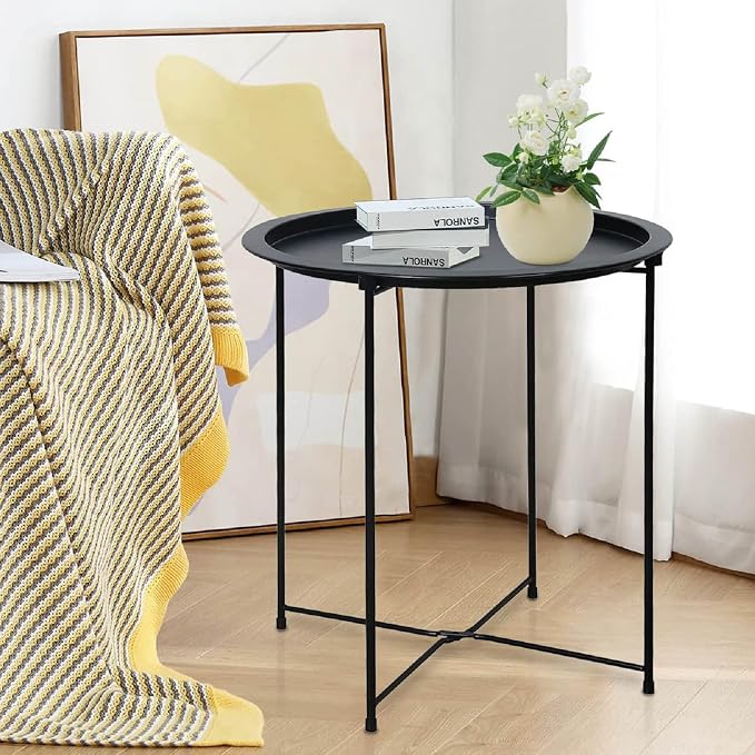 Garden 4 you End Table Metal Side Table Black Round Folding Tray Cyan Sofa - Image 2