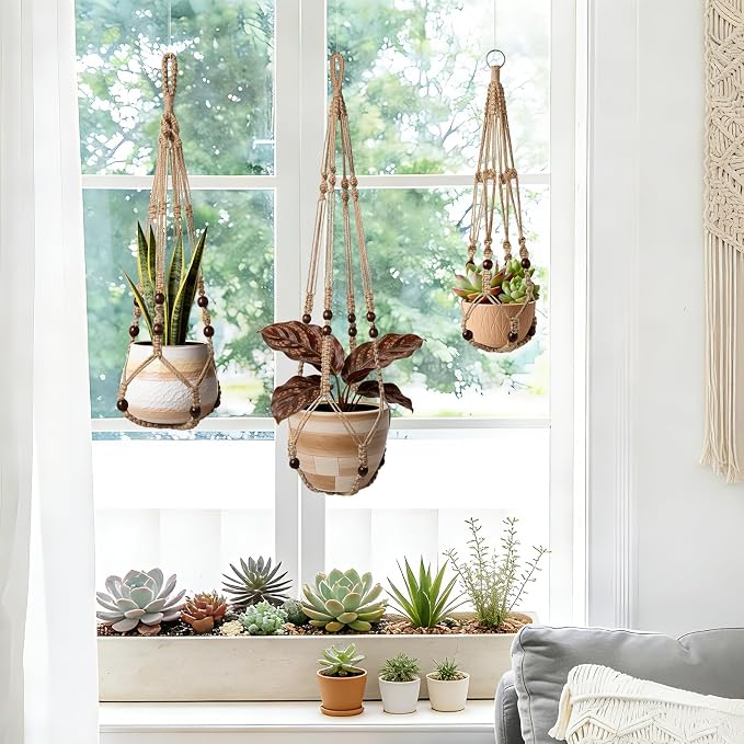 3 Pack Jute Macrame Plant Hanger Indoor 3 Different Sizes Hanging Planter - Image 2