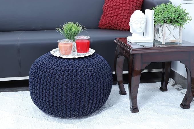 FRELISH DECOR Round Pouf Ottoman Hand Knitted 100% Cotton Pouf Foot Stool - Image 2