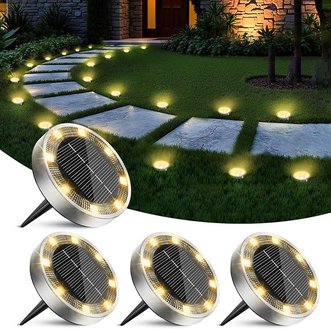 4 Pack Solar Ground Lights Outdoor, 8 LED Mini Flat Solar Disk Lights, IP65 by Unknown
