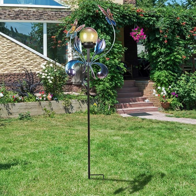 VCUTEKA Solar Lights Outdoor Metal Garden Stake Waterproof Crackle Glass Globe - Image 2