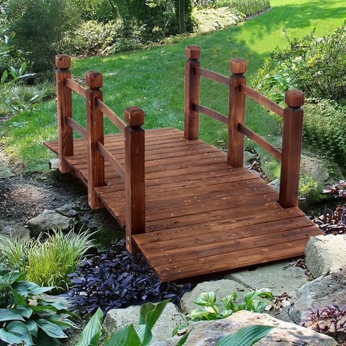 5FT Wooden Garden Bridge Arch Stained Footbridge Decorative Backyard Bridge - Image 2