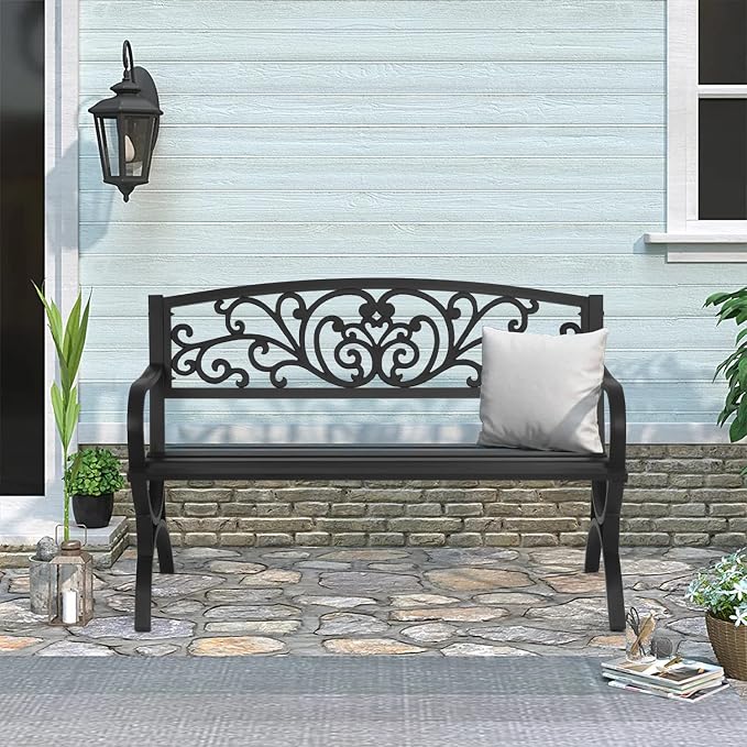 Patio Garden Bench 50 inch Outdoor Metal Loveseat Chairs - Image 2