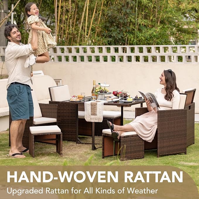 Devoko 9 Pieces Patio Dining Sets Outdoor Space Saving Rattan Chairs - Image 3