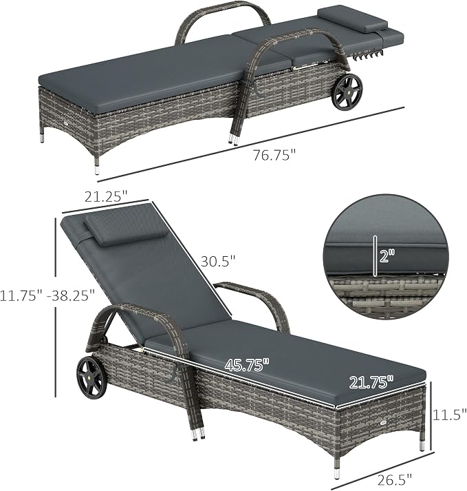 Outsunny Wicker Outdoor Chaise Lounge, 5-Level Adjustable Backrest PE Rattan - Image 3