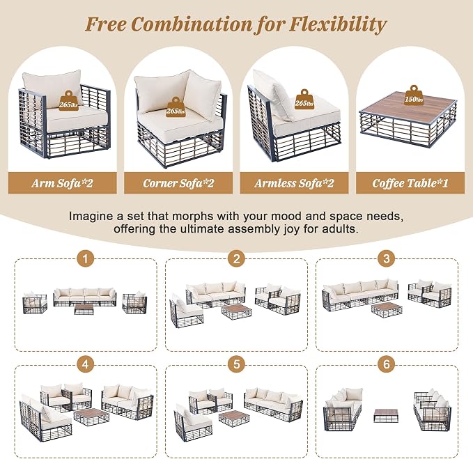 7-Piece Metal Patio Sectional Sofa Set, Free Combination Sofa Set - Image 4