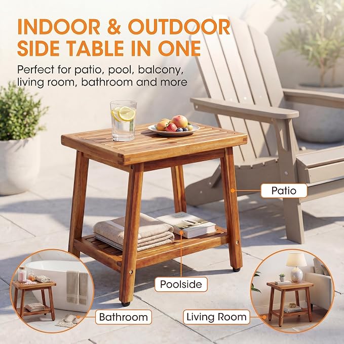 ENKEZI Small Acacia 16 Inches Outdoor Side Table, 2-Tier Sturdy Patio, End - Image 7