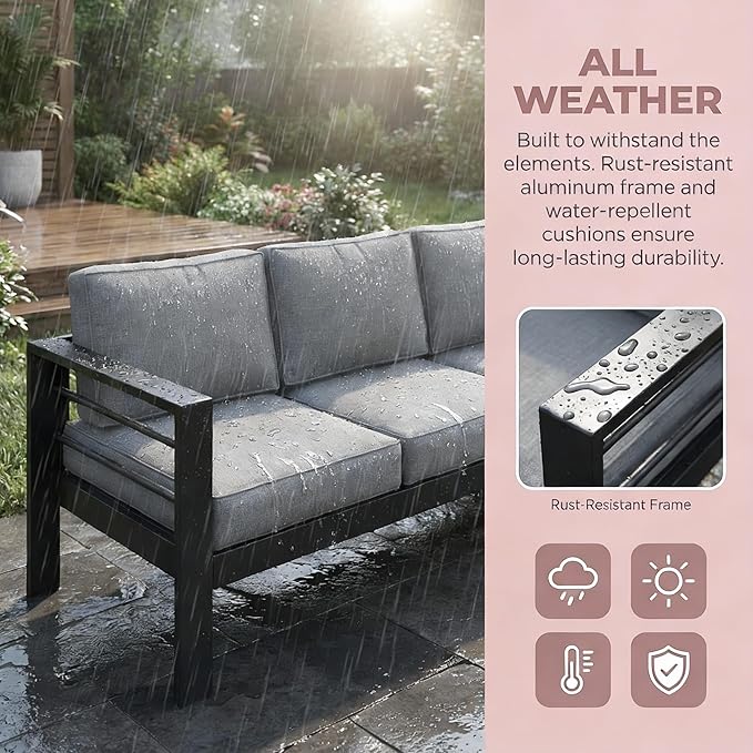 Kiss the Water Outdoor Couch Aluminum Patio Furniture Sofa, 3 Seat All-Weather - Image 6