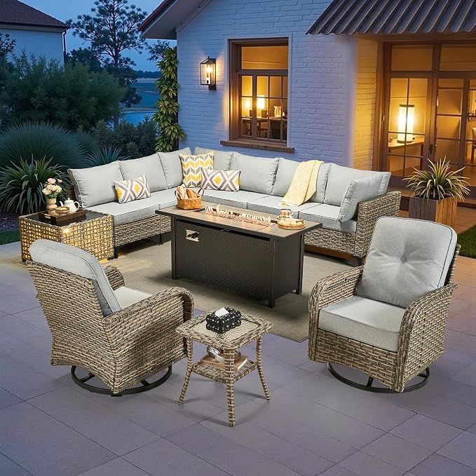 11-Piece Outdoor Sectional Sofa Set w/ 54" Fire Pit – L-Shaped Wicker Patio by CAODOCPatioFurniture