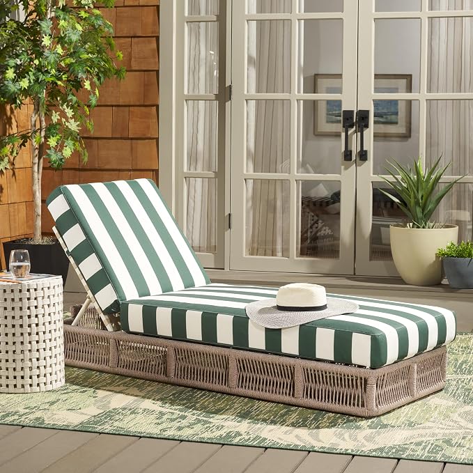 SAFAVIEH Outdoor Collection Gillian Heather Tan & Hunter Green Stripe Chaise - Image 4
