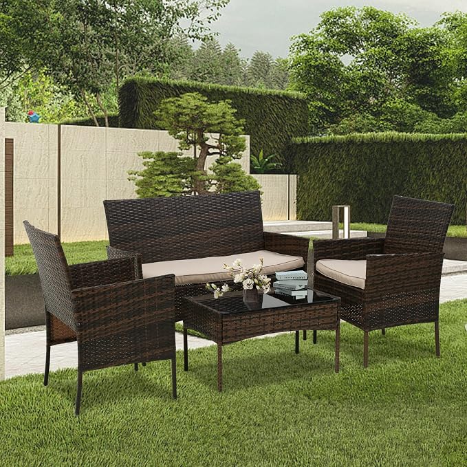 PayLessHere 4 Pieces Patio Furniture Set Rattan Outside Furniture Wicker Sofa - Image 2