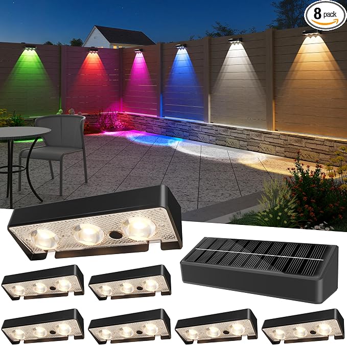 Solar Fence Lights Outdoor, 8 Pack, 9 Fixed Colors ＆ Color Changing Fence by JOFIOS