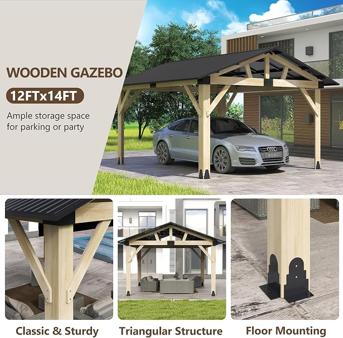 Wood Gazebo 12'x14', Cedar Wooden Gazebos, Outdoor Hardtop Gazebo - Image 3