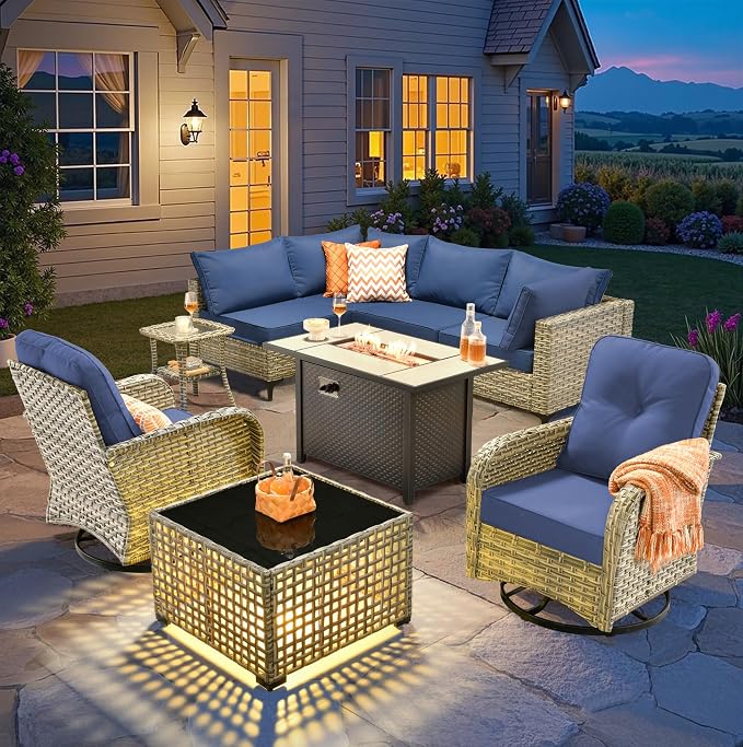 9-Piece Outdoor Sectional Sofa Set w/ 42" Fire Pit – L-Shaped Wicker Patio by CAODOCPatioFurniture