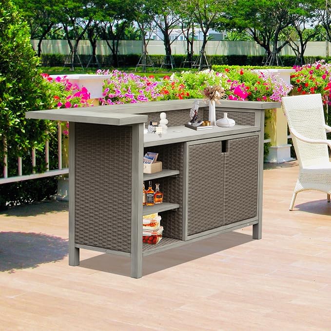 Domi Patio Bar Table, Outdoor Aluminum PE Wicker Bar Cart - Image 2
