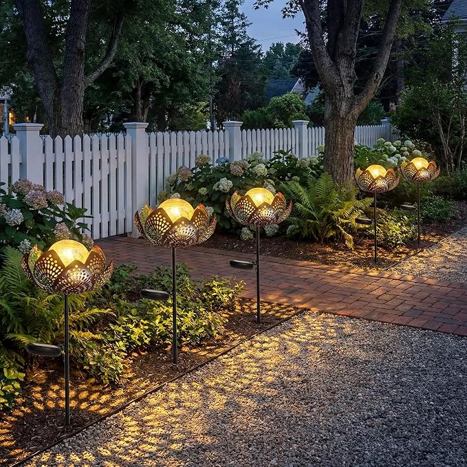 6 Pack Solar Stake Lights Outdoor Decorative Metal Ground Pathway LED Stake - Image 3