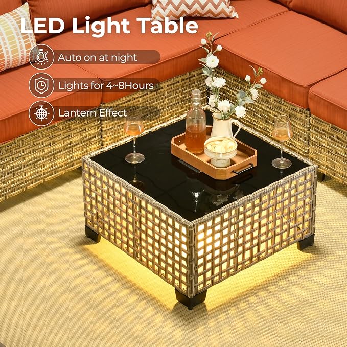 HOOOWOOO Patio Solar LED Lighting Table, Outdoor Wicker Coffee Table, All - Image 2