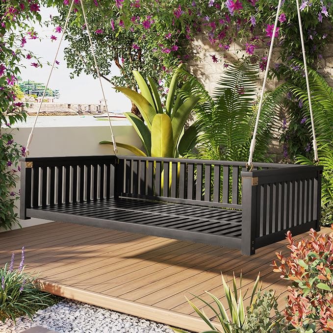 Patio Twin Size Garden Swing Daybed, Acacia Wood Porch Swing - Image 8