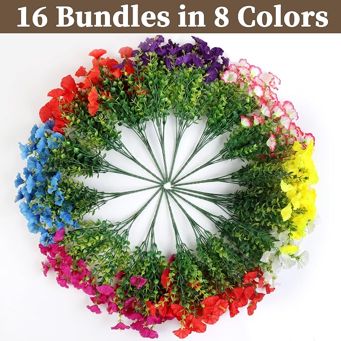 16PCS Artificial Fake Flowers for Outdoors/Indoors, Faux Silk Colorful Morning - Image 3