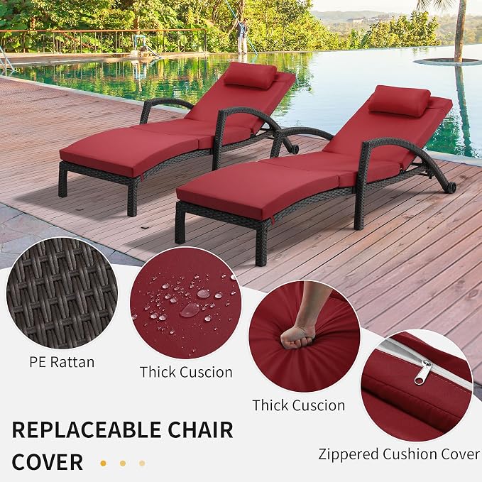 HOMREST Chaise Lounge Chairs Set of 2, PE Rattan Wicker Patio Lounge Chair - Image 6