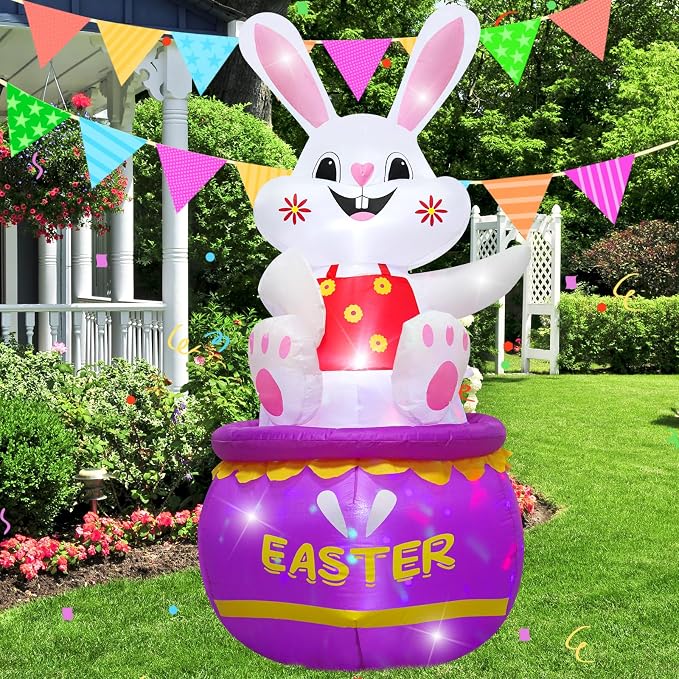 5FT Easter Bunny Inflatable Outdoor Decorations Build-in LED Lights, Cute - Image 5