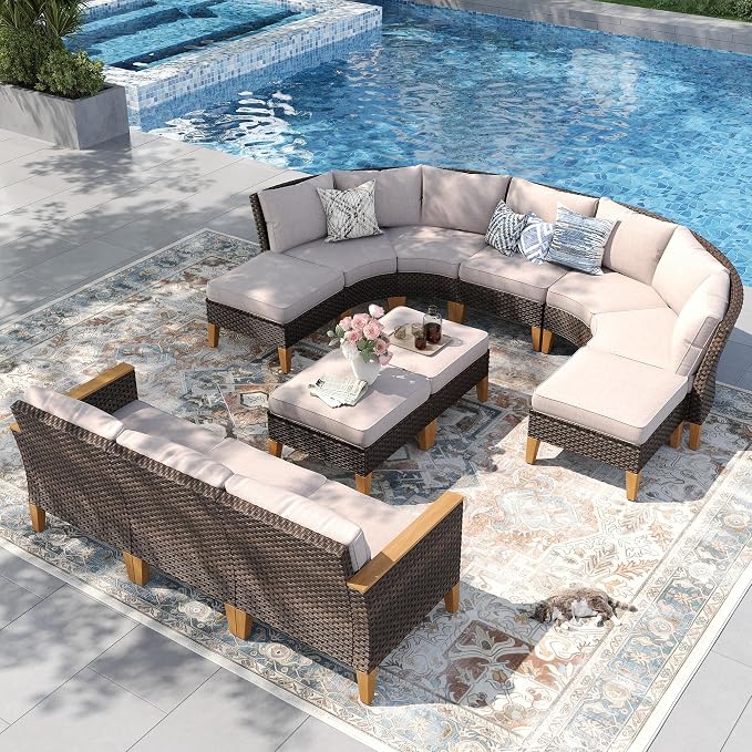 PHI VILLA 10-Piece Wicker Patio Furniture Set, Outdoor Half-Moon Curved by PHIVILLAThepioneerofcomfortablehouseholdsupplies