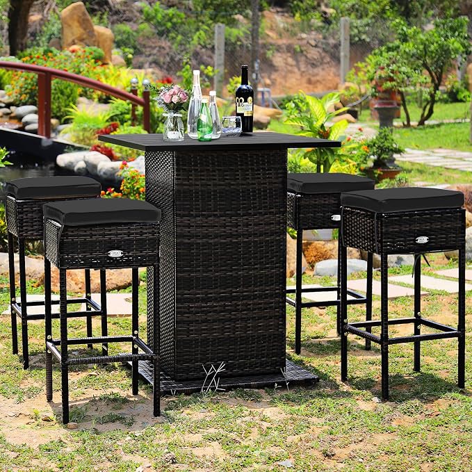 HAPPYGRILL 5 Pieces Rattan Bar Set, Outdoor Wicker Bar Table and 4 Bar Stools - Image 2