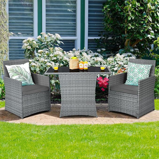 Tangkula 3 Pieces Patio Dining Set, Patiojoy Space-saving PE Rattan Bistro Set - Image 2