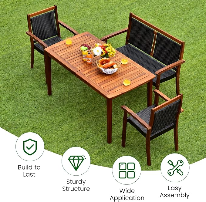 COSTWAY 4 Piece Patio Rattan Dining Furniture Set, Outdoor Acacia Wood Frame - Image 4