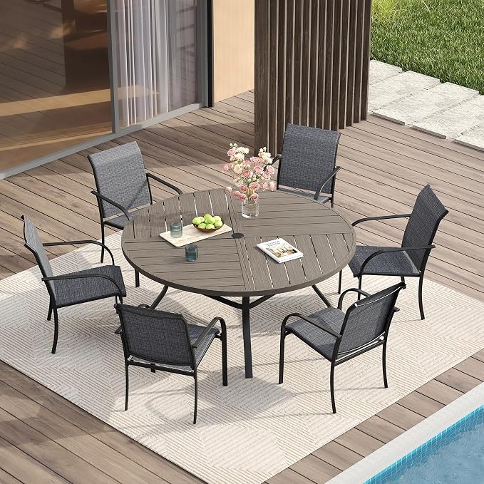 VICLLAX Patio Table and Chair Set of 6, All Weather Metal Round Outdoor Dining by HOME