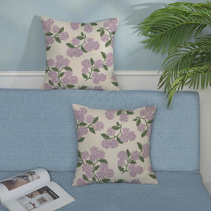 Purple Pink Pillow Covers 22x22 Inch 2 Pcs Green Hydrangea Flower Decor Throw - Image 3