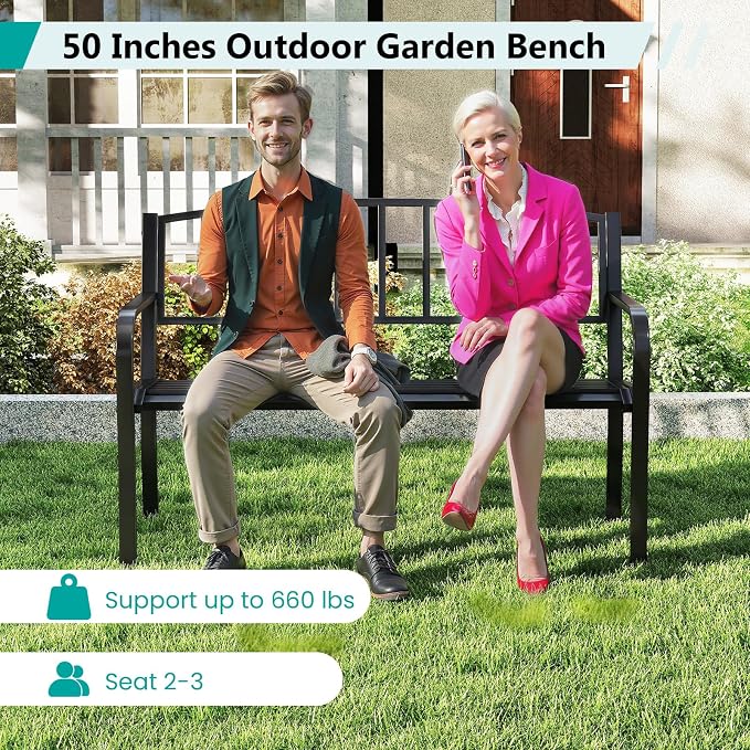 Tangkula Metal Outdoor Park Bench, 50 Inches Patio Garden Bench - Image 8
