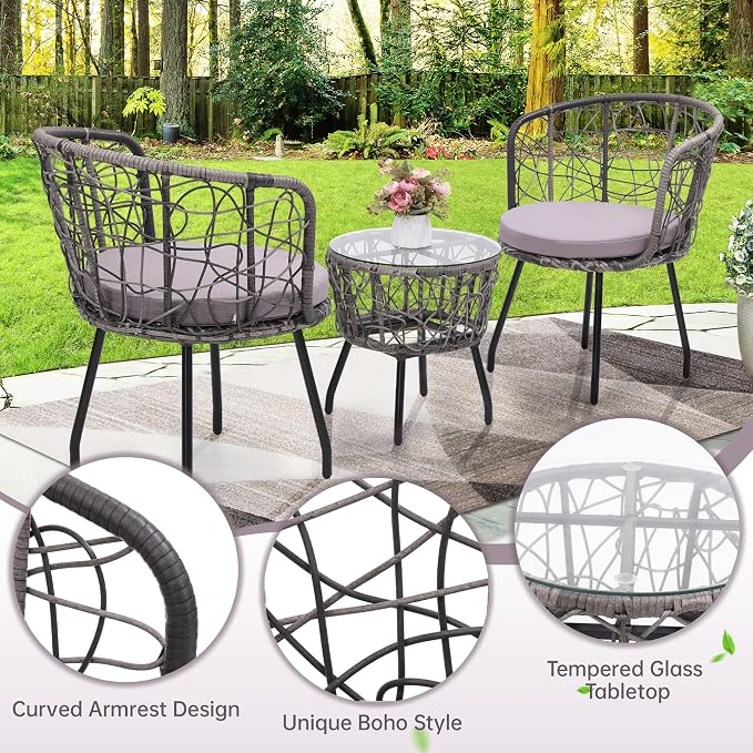 Kromax 3 Piece Bistro Set, Modern Outdoor Wicker Patio Furniture - Image 4