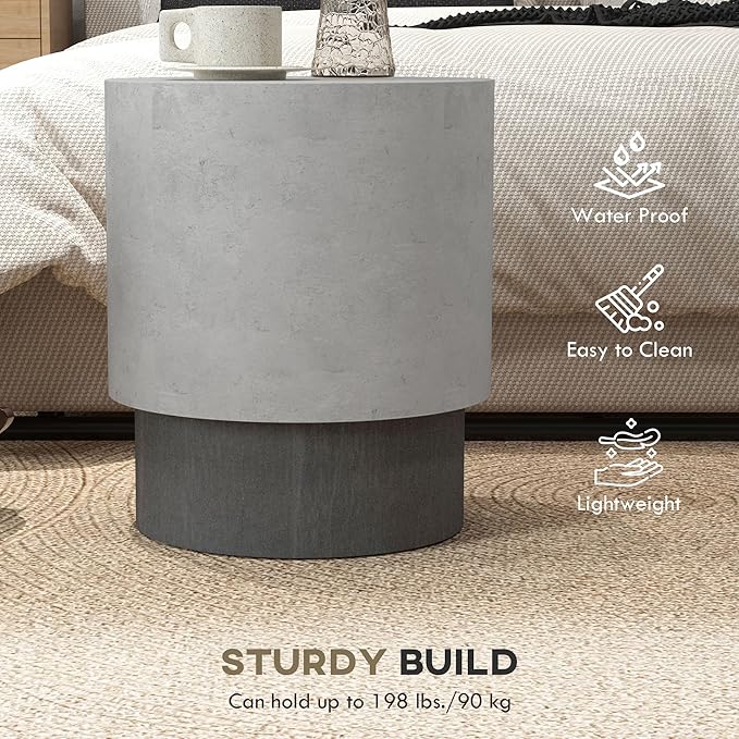 HOMCOM Concrete Finish End Table, Round Side Table - Image 5