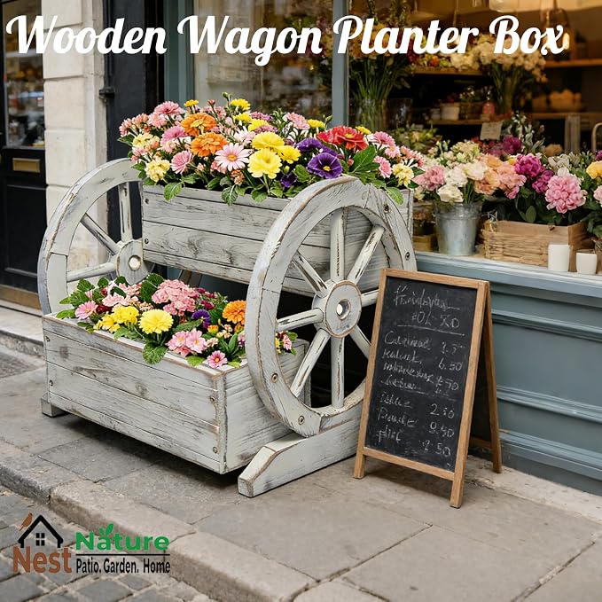 NestNature Wooden Wagon Planter Box, Raised Garden Bed, Decorative Garden - Image 2