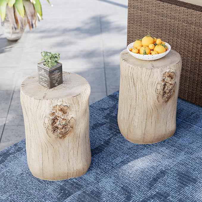 SUNBURY Outdoor Side Table Set of 2, Tree Stump Side Table Antique Beige by SUNBURY