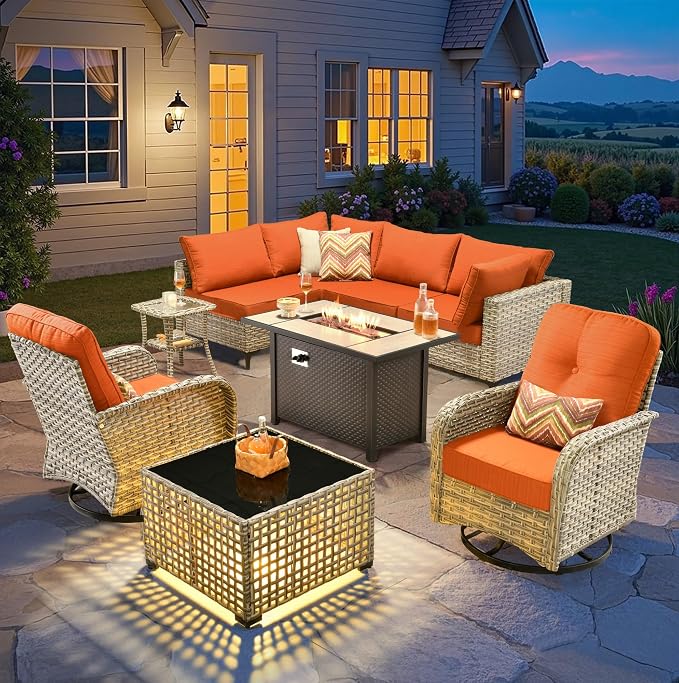 9-Piece Outdoor Sectional Sofa Set w/ 42" Fire Pit – L-Shaped Wicker Patio by CAODOCPatioFurniture