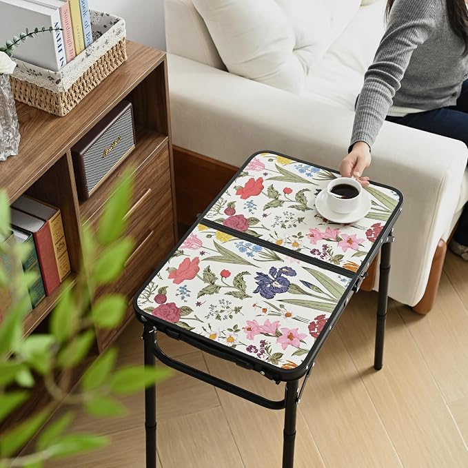 Small Camping Table, Vintage French Flowers Pattern Folding Table, Adjustable - Image 2