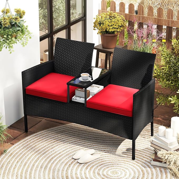 Tangkula Patio Loveseat with Built-in Table, Wicker 2-Seat Furniture with Soft - Image 2