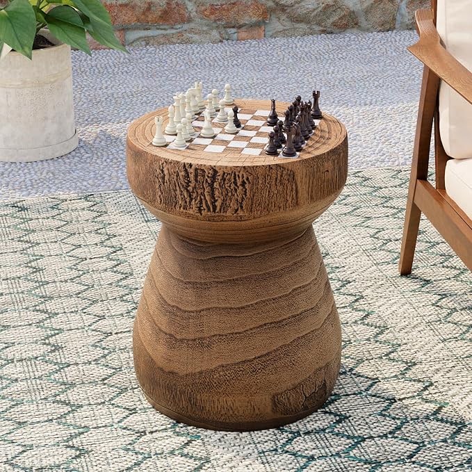 COSIEST Outdoor Side Table w Chessboard, Lightweight Decor Outdoor Round End by COSIEST