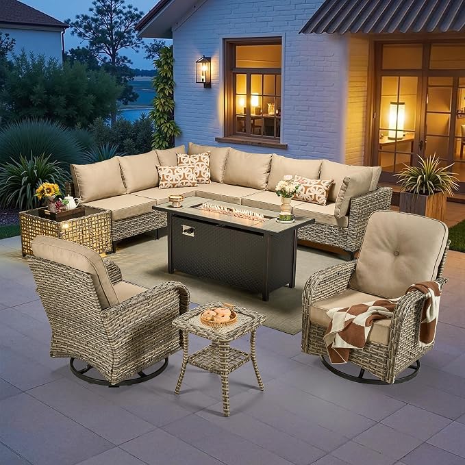 11-Piece Outdoor Sectional Sofa Set w/ 54" Fire Pit – L-Shaped Wicker Patio by CAODOCPatioFurniture