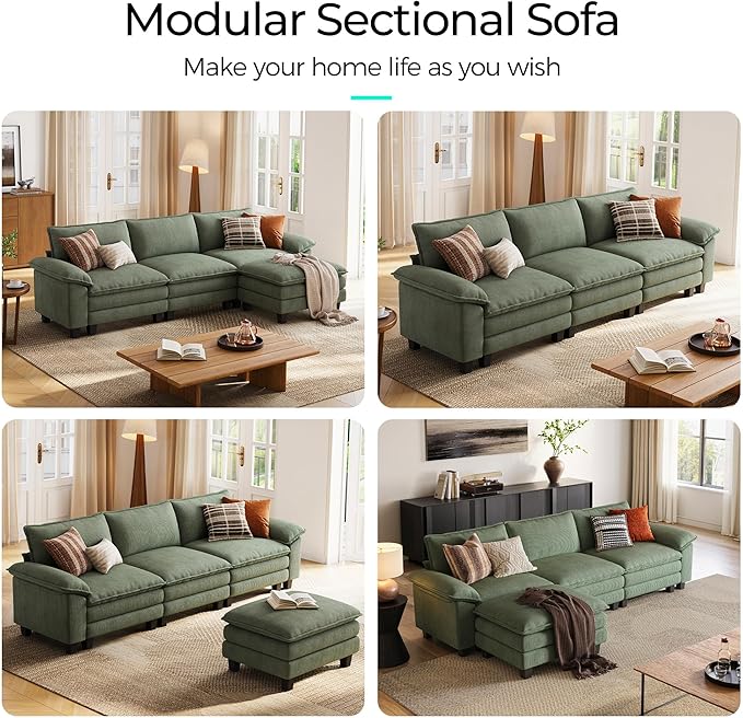 LINSY HOME 123'' Modular Sectional Sofa Green Couch Corduroy Cloud Couches - Image 6
