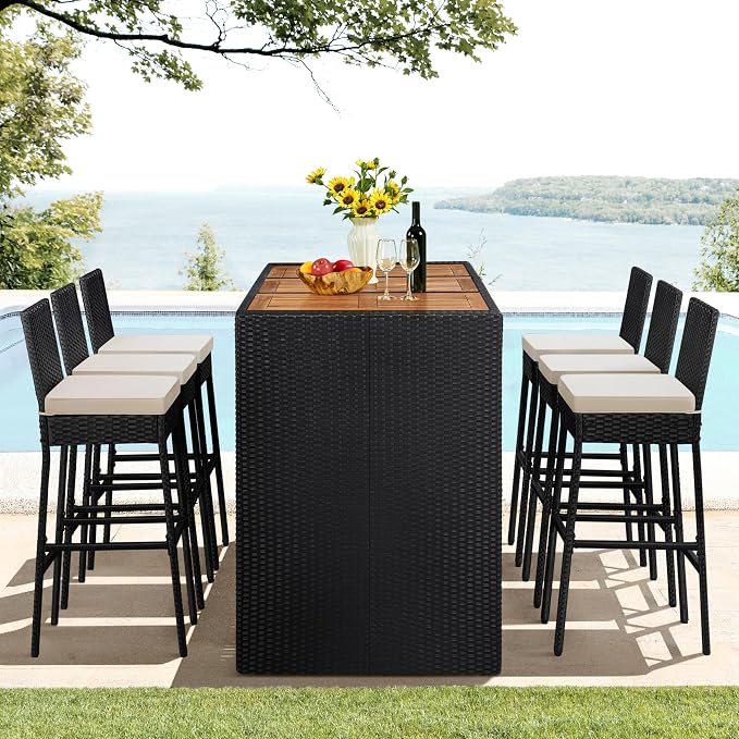 Yaheetech 7 Piece Patio Dining Set Outdoor Acacia Wood Bar Table and Chairs - Image 9