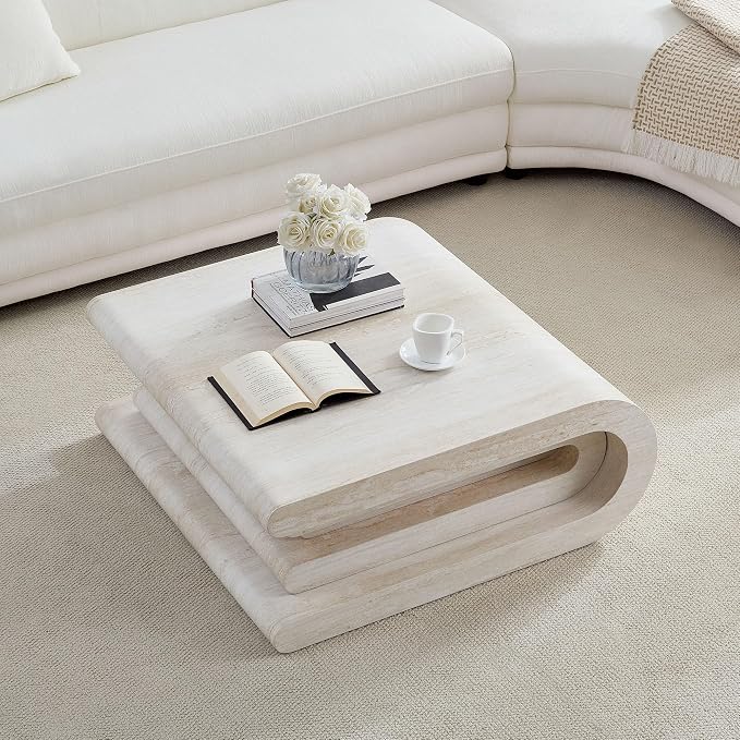 Square Coffee Table 33.86" Faux Marble Pattern Wood Center Table - Image 3