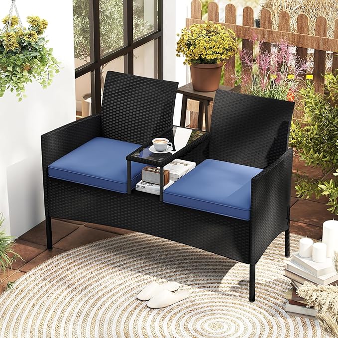 Tangkula Patio Loveseat with Built-in Table, Wicker 2-Seat Furniture with Soft - Image 4